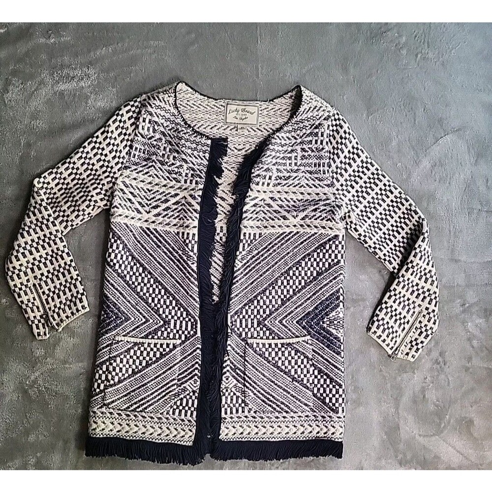 Lucky Brand Cardigan Women XSmall Blue Tan Southwest Print Biho Geo Fringe Hem